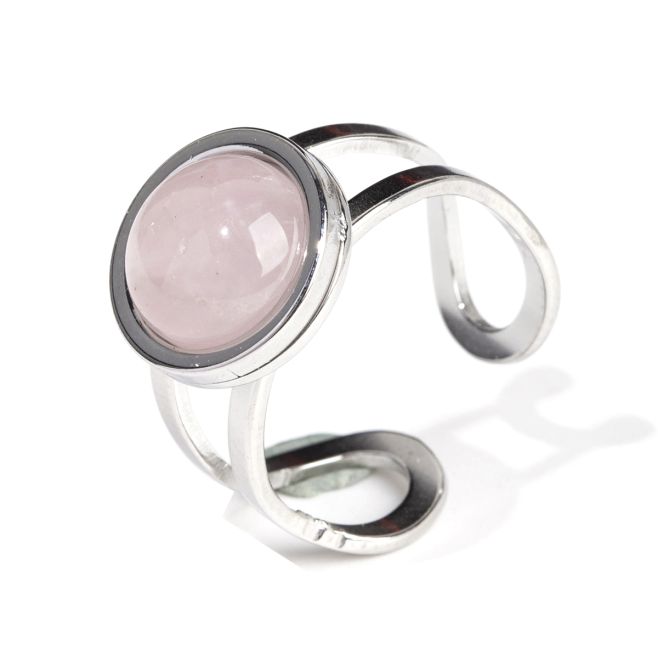 Anello in acciaio inossidabile argento rotondo quarzo rosa A