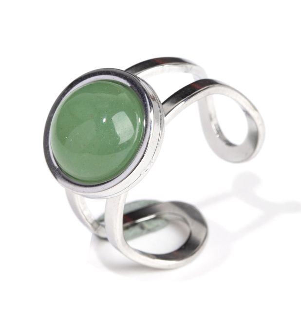 Anello rotondo in acciaio inossidabile argento con avventurina verde A