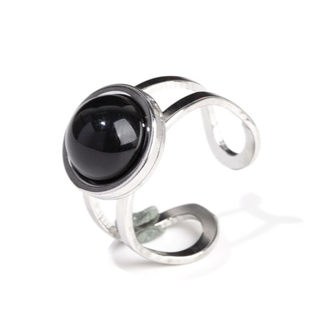 Anello rotondo in acciaio inossidabile argento con onice nero A