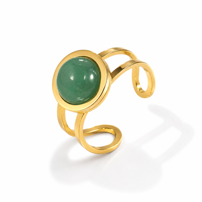 Anello rotondo in acciaio inossidabile placcato oro con avventurina verde