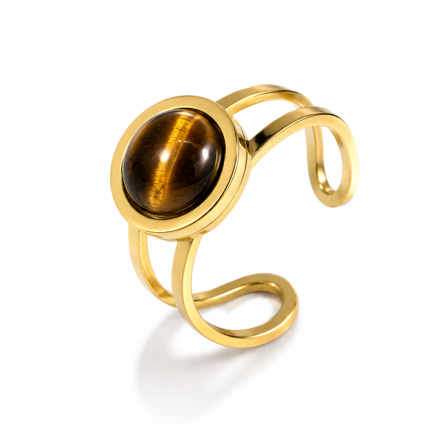 Anello in acciaio inossidabile placcato oro con occhio di tigre rotondo