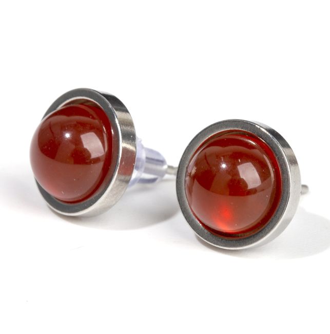 Orecchini a bottone rotondi in acciaio inossidabile con agata rossa da 10 mm