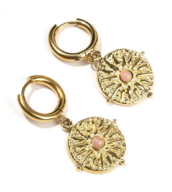 Orecchini sole al quarzo rosa in acciaio inossidabile dorato A 39 mm