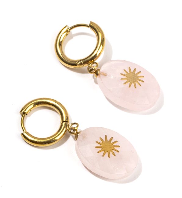 Orecchini in Oro e Acciaio Inossidabile Quarzo Rosa Sole Sfaccettato Ovale A 38mm