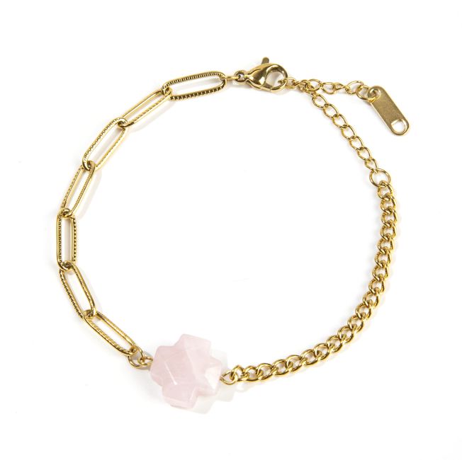 Bracciale Croce Quarzo Rosa in Acciaio Inossidabile Oro 16cm