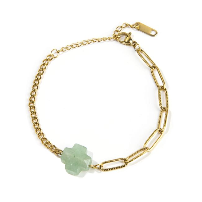 Bracciale Croce Avventurina Verde A in Acciaio Inossidabile Oro 16cm