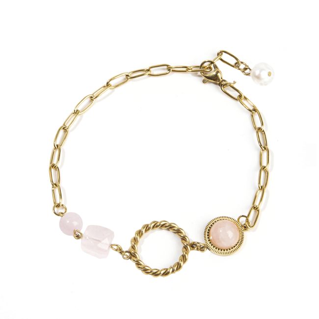 Bracciale Quarzo Rosa Con Cubo Sfaccettato in Acciaio Inossidabile Dorato 23cm