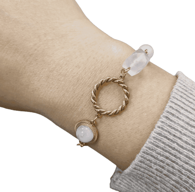 Bracciale Quarzo Rosa Con Cubo Sfaccettato in Acciaio Inossidabile Dorato 23cm