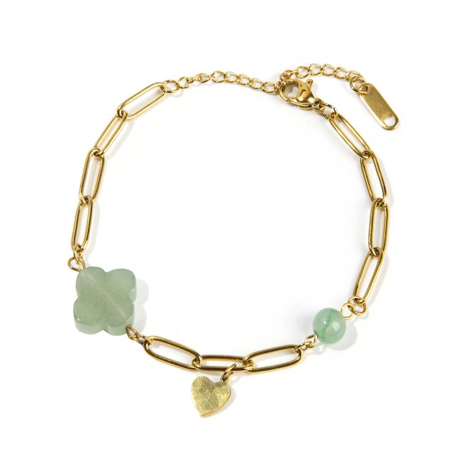 Bracciale Croce Avventurina Verde A e Cuore in Acciaio Inossidabile Oro 16cm