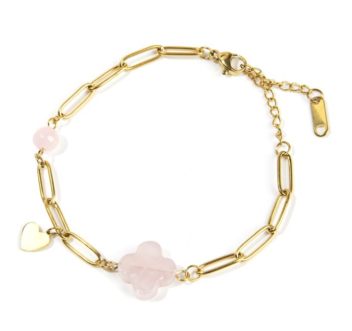 Bracciale Croce Quarzo Rosa A e Cuore in Acciaio Inossidabile Dorato 16cm