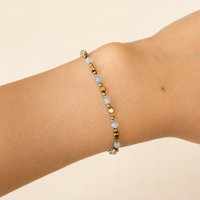 incenso ad Bracciale Energia in Acquamarina AA – Perline Dorate