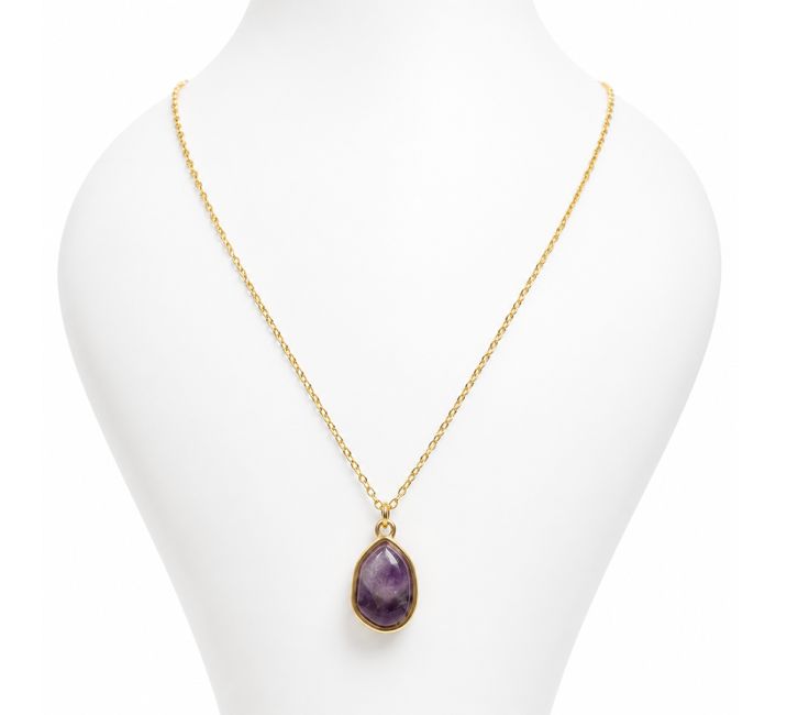Collana in Acciaio Inossidabile Dorato con Ciondolo Geometrico in Ametista AA 15mm