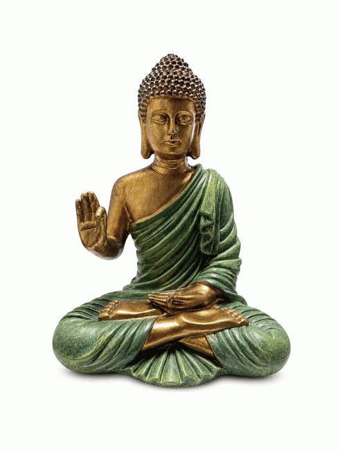 incenso ad Statua Buddha Abhaya Verde Scuro e Dorata in Resina 31 cm