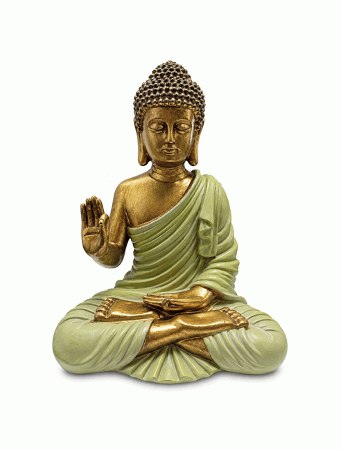 incenso ad Statua Buddha Abhaya Verde Scuro e Dorata in Resina 31 cm