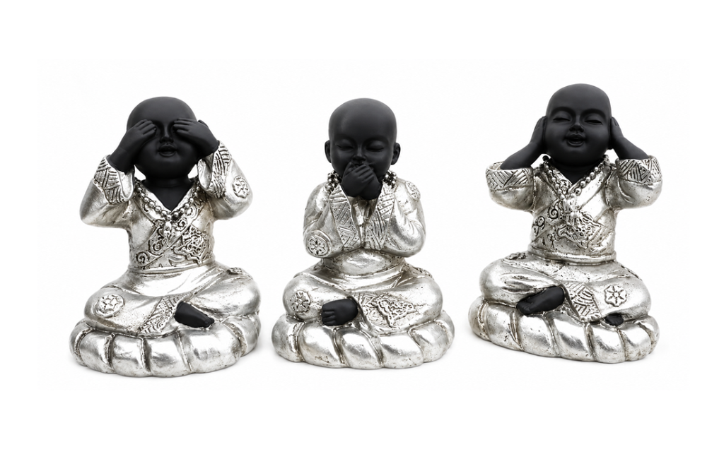 incenso ad Set di 3 Statue dei Monaci Saggi in Resina Nera e Argentata 8cm