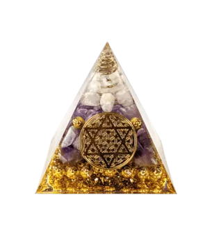 Piramide di orgonite cristallo di rocca & pentacolo del fiore della vita di ametista