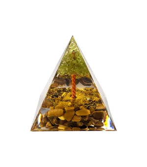 Piramide di orgonite Occhio di tigre & albero della vita di peridoto