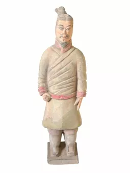 Statua antica del guerriero in terracotta colorata, 22 cm