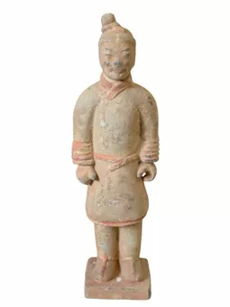 Statua antica del guerriero in terracotta colorata, 25 cm