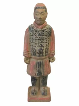 Statua antica di cavaliere in terracotta colorata 24 cm