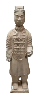 Statua antica di guerrieri in terracotta colorata con armatura, 26 cm