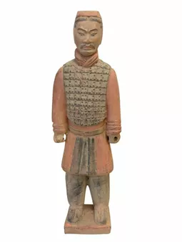 Statua antica di cavaliere in terracotta colorata 26 cm