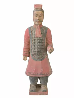 Statua antica di guerrieri in terracotta colorata con armatura, 23 cm