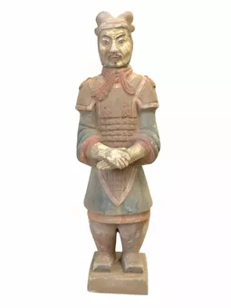 Statua antica in terracotta colorata, dimensioni generali, 35 cm