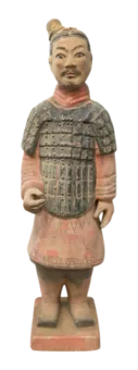Statua di guerriero in terracotta antica colorata, 38 cm