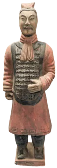 Statua antica di guerrieri in terracotta colorata con armatura 38 cm