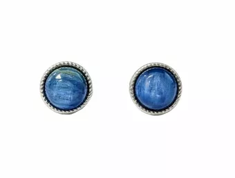 Orecchini rotondi in rame bianco con cianite blu naturale a perno AAA