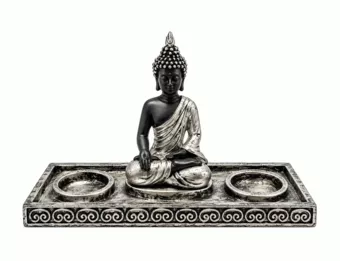 Portacandela Buddha Meditazione Argento e Nero in Resina 22 cm