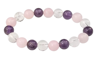 Braccialetto A in ametista, cristallo di rocca e quarzo rosa, perline da 10 mm