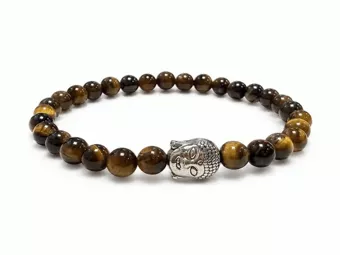 Bracciale in Occhio di Tigre A con Buddha Argentato e Perle Rotonde da 6 mm