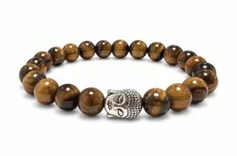 Bracciale in Occhio di Tigre A con Buddha Argentato e Perle Rotonde da 8 mm
