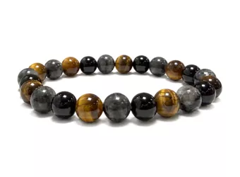 Bracciale in Larvikite, Occhio di Tigre e Onice Nero A perle 8mm
