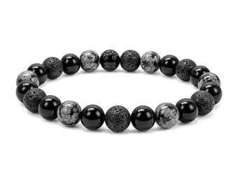 Bracciale in Ossidiana Fiocco di Neve, Pietra Lavica e Onice Nero A perle 8mm