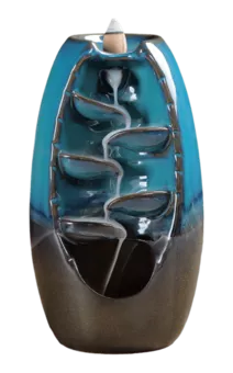Porta incenso a riflusso in ceramica blu-marrone cascata di foglie 20 cm