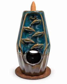 Porta-incenso Backflow in ceramica blu-marrone bifacciale forma sfaccettata 20 cm