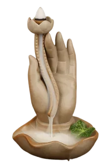 Porta incenso a riflusso Mano di Buddha in ceramica beige - Loto 16 cm