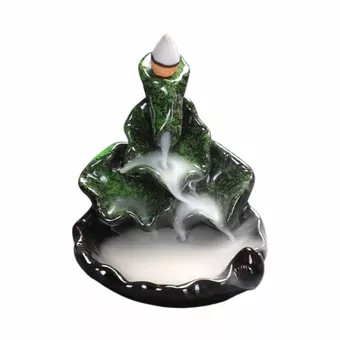 Porta incenso in ceramica a riflusso con motivo a cascata e foglie di loto verdi, 10 cm