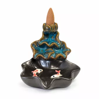Portaincenso Backflow in ceramica cascata foglie di loto e pesci 9,5 cm