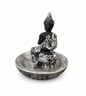 Portaincenso Buddha Abhaya Argentato in Resina 10 cm