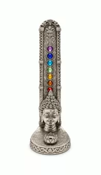 Porta Incenso Testa di Buddha 7 Chakra Argentato in Resina 17 cm