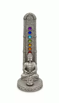 Porta Incenso Buddha Meditazione 7 Chakra Argentato in Resina 17 cm