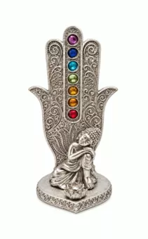 Porta Incenso Mano di Fatima Buddha 7 Chakra Argentato in Resina 16 cm