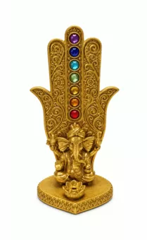 Porta Incenso Mano di Fatima Ganesh 7 Chakra Dorato in Resina 16 cm