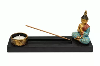 Porta-incenso e Portacandele Buddha Meditazione Multicolore in Legno e Resina 24 cm