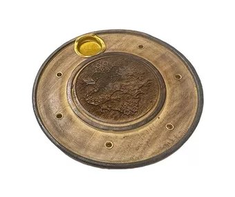 Porta incenso rotondo in legno cesellato a forma di drago 10 cm x 10.2 cm