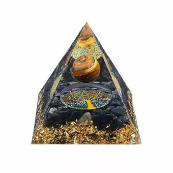 Piramide di Orgonite Occhio di Tigre e Ossidiana Nera Albero della Vita